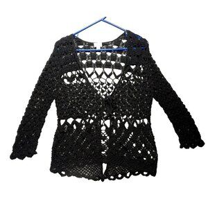 Y2K Vtg Caslon Crochet Black Cardigan Open Tie Front Whimsygoth Fairy Grunge PM
